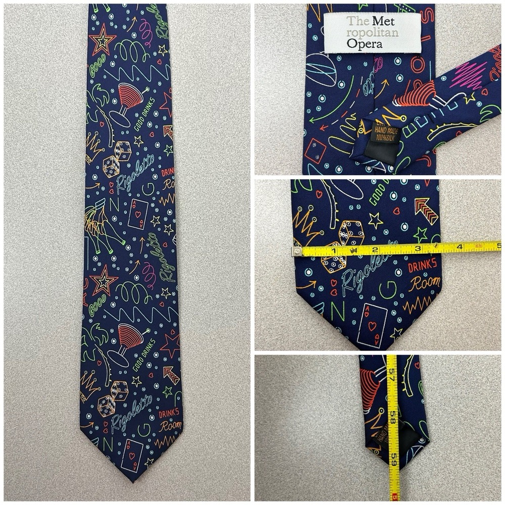 Metropolitan Opera Tie‎ Necktie Mens Navy 100% Silk Neon Lights Rigoletto Drinks